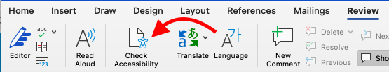 Tools within Microsoft Word with a red arrow pointing to the "Check Accessibility" tool.