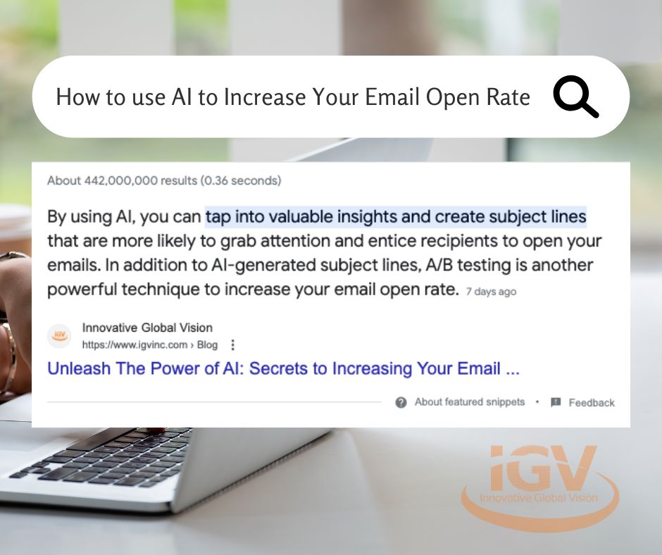 An Innovative Global Vision blog post that was a featured snippet on a Google Search page. Title of the blog was called "How to use AI to Increase Your Email Open Rate".