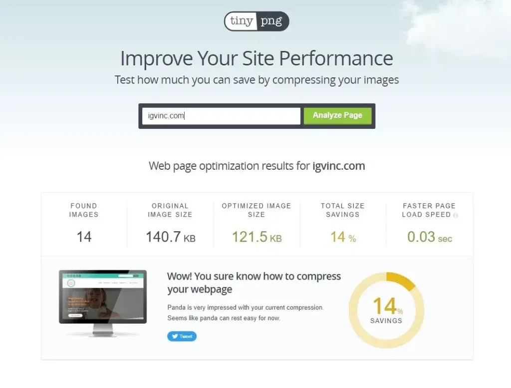 TinyPNG website image optimization tester used on the IGVInc.com website showing only a 14% savings and a .03 second increase in screen loading if plugin was used to optimize images.