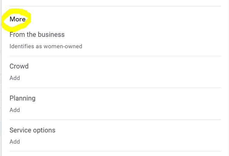 The button you click for more options to add to your Google Business Profile shown with yellow outline around button 