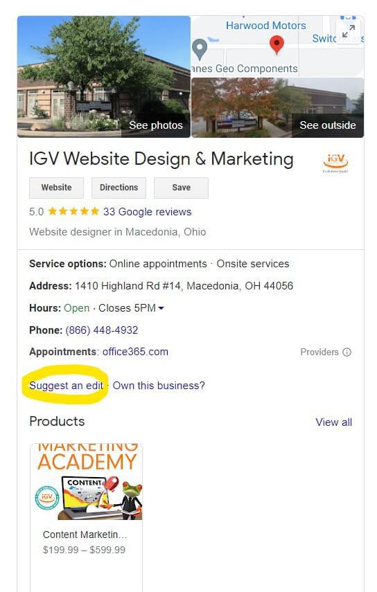 screenshot of Google Maps listing with yellow circle around "suggest an edit" feature
