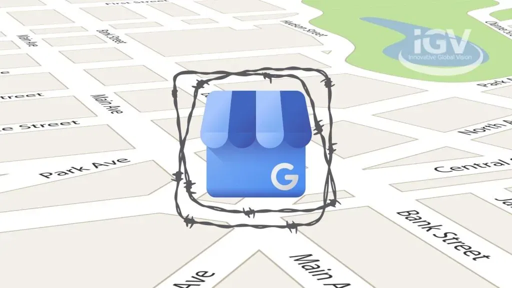 google business app icon surrounded by barbed wire on google maps background with white IGV watermark top right corner