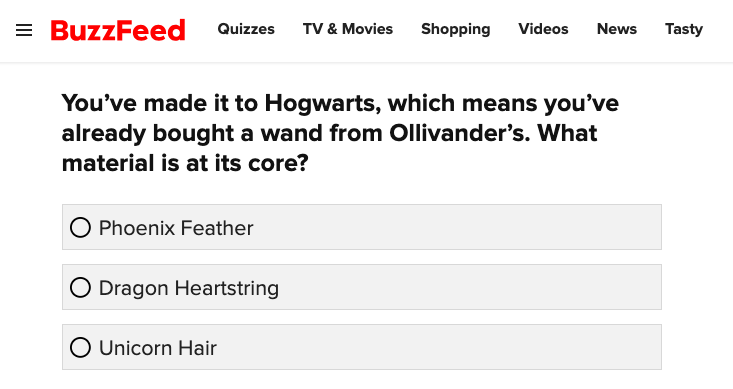 Harry Potter house sorting quiz