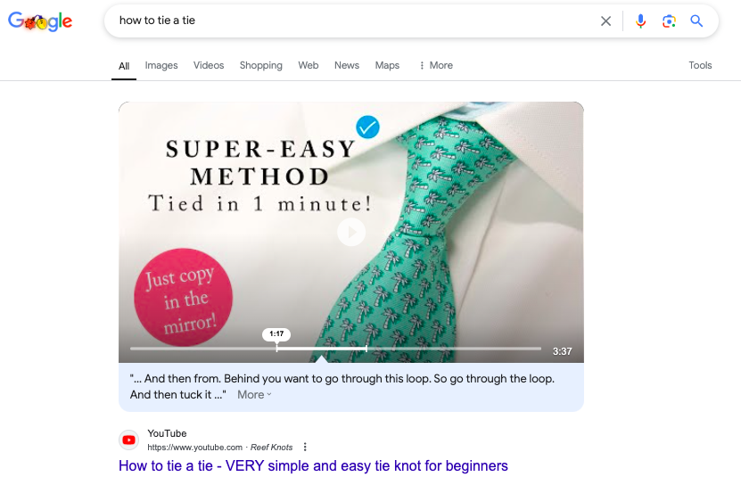 "How to tie a tie" featured video snippet.